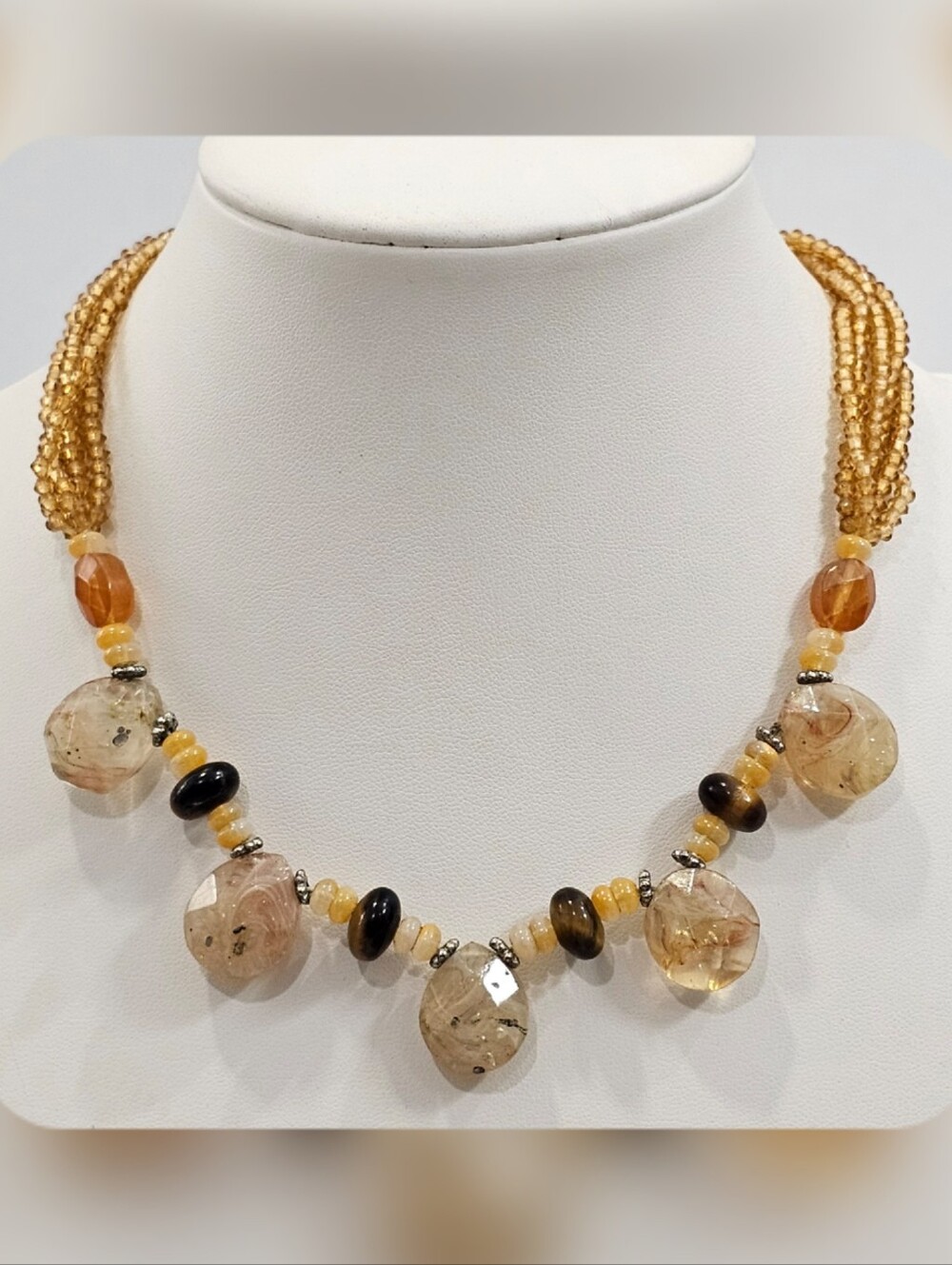 Vintage Monet Signed Yellow and Amber Stone Beaded Necklace with Pendants